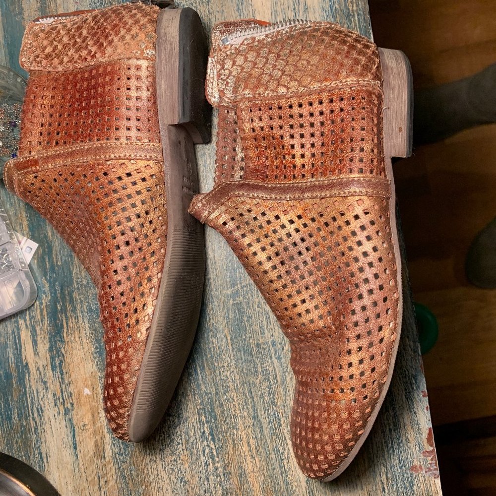 Free People Distressed Copper Leather Mesh Boots